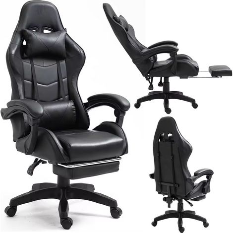 Fauteuil de bureau pivotant LEAN pour gamer, avec repose-pieds et coussins, noir (1/5)