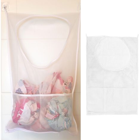 Sac à linge blanc en maille épaisse, à fixer au mur derrière la porte de la salle de bain, grande capacité, pour ranger le linge sale et les jouets, avec un motif quadrillé. (1/5)
