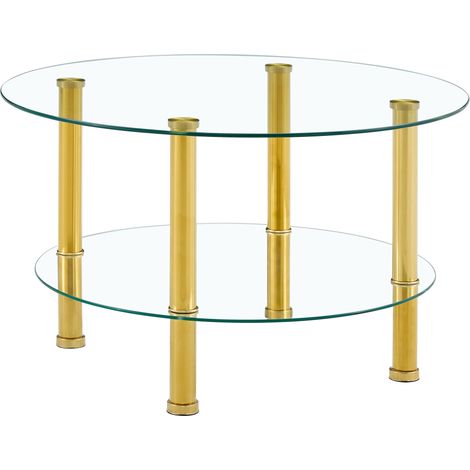 Mesa de centro redonda de 2 niveles con cristal templado y estructura metálica dorada HOMVRA (1/5)