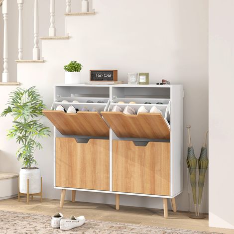 Armoire à chaussures 4 portes abattantes 16 paires Étagères réglables Pieds bois pin 95×26×95 cm Naturel