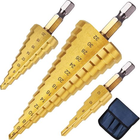 3pcs Metal Step Drill Bits 4-12/20/32mm Titanium Tapered Triangular Metal Step Drill Bit Hex Shank Step Drill Bit for Screwdriver on Metal Steel Wood Brass Aluminum Plastic (1/5)