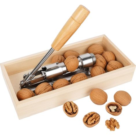 Relaxdays Retro Nutcracker, Wooden Handle, Adjustable Opening, Effortless, with Bowl, Lever, Metal, Silver/Natural (1/5)