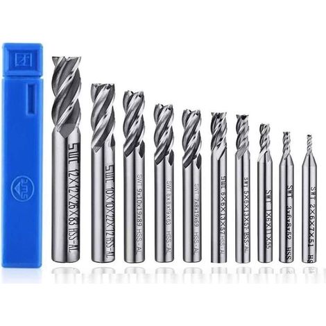 Set di 10 punte da trapano a quattro taglienti - Frese da 2 a 12 mm - Punte da trapano HSS a gambo dritto per CNC - Set di utensili per forare legno, alluminio, acciaio e titanio (1/4)