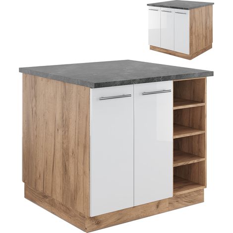 Isola cucina Fame-Line, Bianco lucido/oro power oak, 90 cm senza piano di lavoro, Vicco
