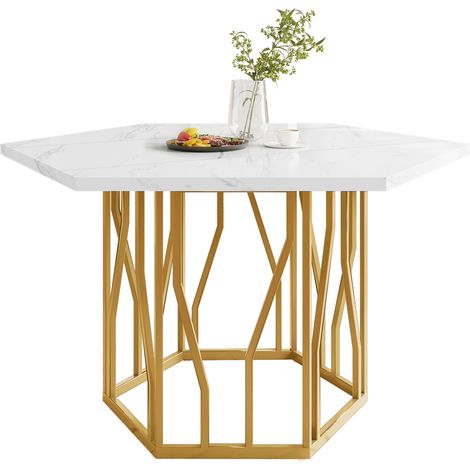 Conjunto mesa y sillas 5 piezas hexagonal efecto mármol blanco, tablero MDF, DESVIAE (1/5)