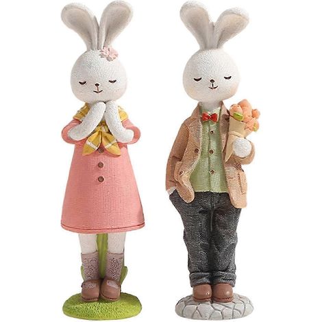 2x Osterhasenpaar, Hasenfiguren aus Kunstharz, Osterdekoration für Schrank, Garten, Wohnzimmer, Büro, drinnen und draußen-Style A (1/5)