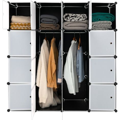 16 Cube Cloth Storage Organizer Portable Wardrobe Closet 16 Doors 2 Hanging Rods (1/5)