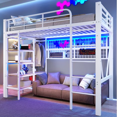 MODFU – Lit mezzanine 90x200 cm métal blanc – LED pilotable par app – Rangement, filet et portant – Blanc (1/5)