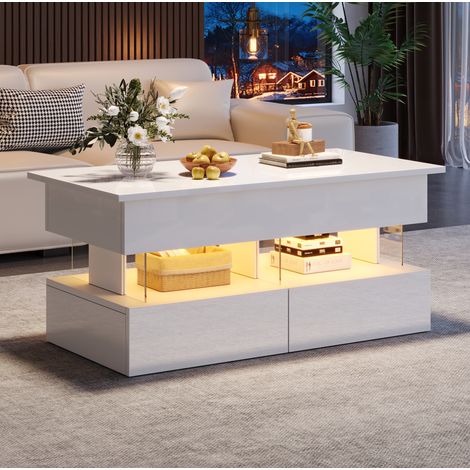 Table basse relevable 100x50x46 cm blanche avec LED, 2 tiroirs, MDF et acrylique MEUBLIV (1/5)