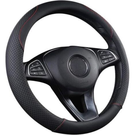 Couvre Volant Voiture, Cuir 38CM, Antidérapant, Respirant, Fibre de Carbone, élastique Professionnel Universelle – Noir & Rouge (1/4)