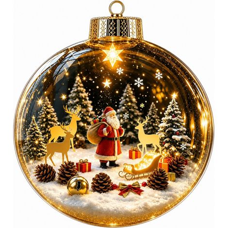 Boule à neige lumineuse en acrylique transparent, ornement de Noël 3D à suspendre au sapin, représentant le Père Noël et son traîneau de rennes. (1/5)
