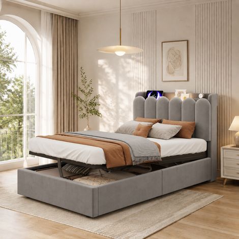 Lit coffre rembourrée 90x200 cm avec USB, Type-C et liseuse, rangement hydraulique, velours gris (1/5)