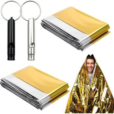 10 mantas térmicas reutilizables extragrandes para exteriores, color plateado y dorado, con 5 + 5 silbatos de emergencia (210 × 160 cm)