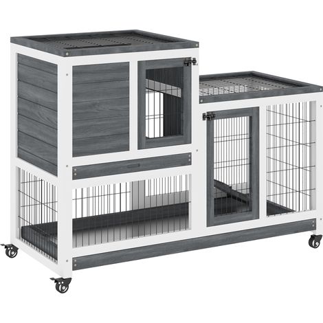 PawHut Clapier à lapin sur roulettes cage à lapin intérieur extérieur 2 étages 2 portes verrouillables 2 plateaux coulissants rampe bois de sapin gris blanc
