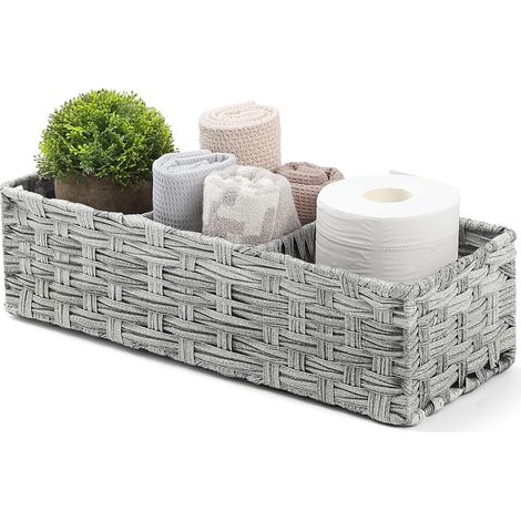 Toilet Tank Topper Paper Basket - Multiuse Hand Woven Plastic Wicker Basket with Divider for Organizing, Rustic Farmhouse Bathroom Decor, Countertop Organizer Storage, Gray Wash (1/5)