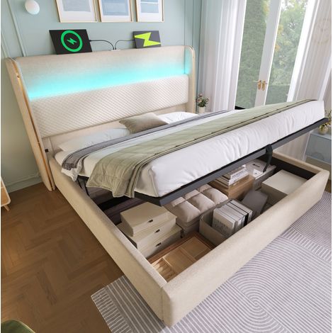 Bett hydraulisch 140x200 cm modern in Beige, Leinenoptik, hohes Kopfteil mit LED, Stauraum und USB/Type-C