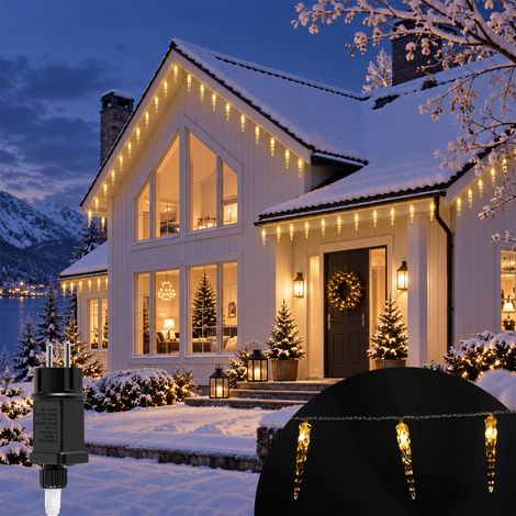 TolleTour Eiszapfen Lichterkette LED 80 LEDs 10M Warmweiß Weihnachten Deko Weihnachtsdeko Eisregen Fenster Beleuchtung 8 Modi (1/5)