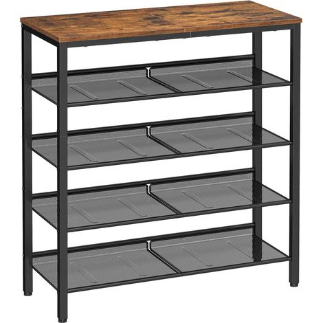 Étagère chaussure 5 niveaux porte-chaussures range-chaussures avec 4 étagères grillagées 1 grand dessus pour sacs pour entrée en métal industriel marron (1/4)