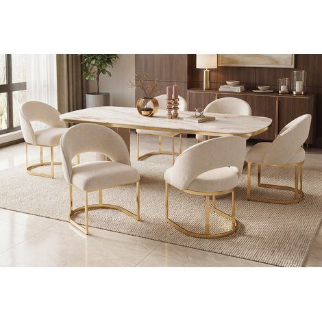 4er-Set Esszimmerstühle 59x56x80 cm in Beige-Bouclé mit goldfarbenen Beinen – MEUBLIV (1/5)