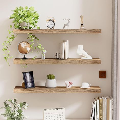 Lot de 3 étagères flottantes en bois rustiques - Étagères murales flottantes décoratives - Longueur 60 cm - Supports muraux avec supports invisibles pour chambre à coucher, cuisine, salon (1/5)