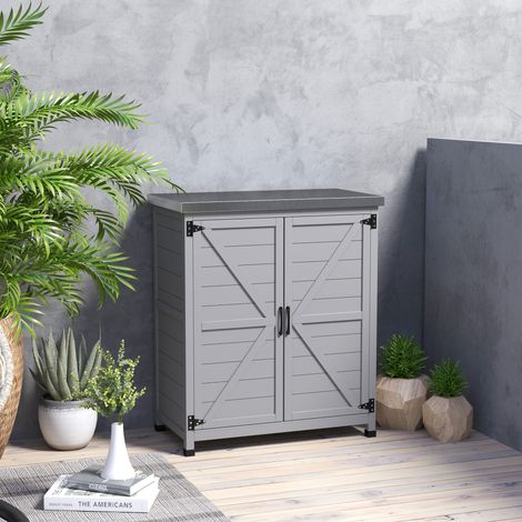 Mobile da giardino in legno per esterni, contenitore per attrezzi da giardino con piano di lavoro in acciaio zincato 79x43x92cm Grigio