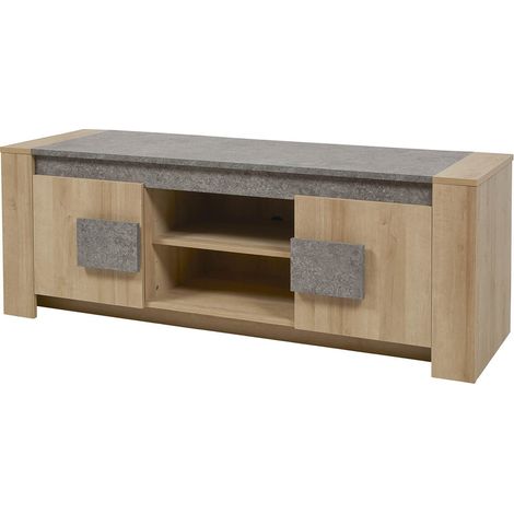 Altobuy – Meuble TV 2 portes en panneaux de particules – Finition effet bois naturel et pierre grise – Dimensions 155 x 45 x H59 cm (1/5)