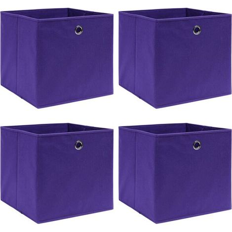 Ensemble de quatre boîtes de rangement, violettes, 32x32x32 cm, en tissu. (1/5)