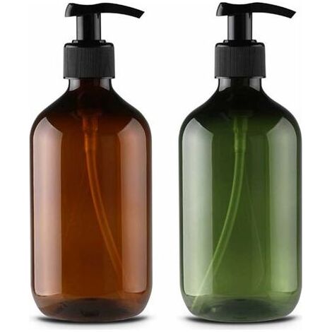 2 flacons vides rechargeables en plastique pour lotion de 500 ml, shampooing, crème douche, gel douche, distributeur de liquide (marron et vert) - (1/5)
