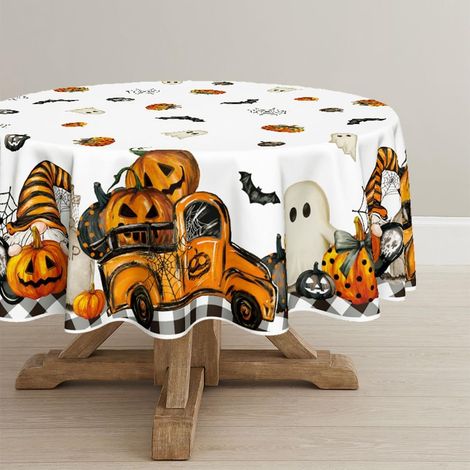 Nappe ronde Halloween 60x60 pouces - Nappe lavable à motifs fantômes et citrouilles, idéale pour les fêtes, pique-niques, dîners, célébrations d'Halloween, en intérieur comme en extérieur. (1/5)