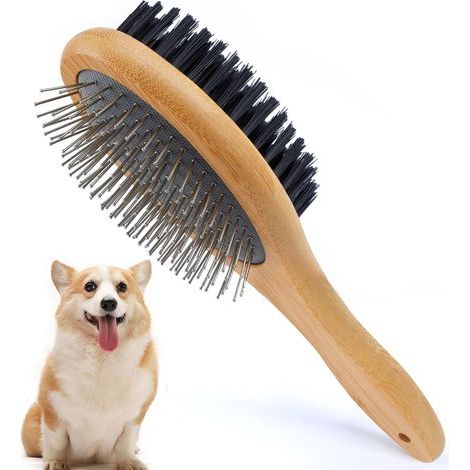 - Dog Brush - Cat Brush - Double-Sided Grooming Massage Brush - For Long and Short Hair - Natural Wood - Brown (1/5)