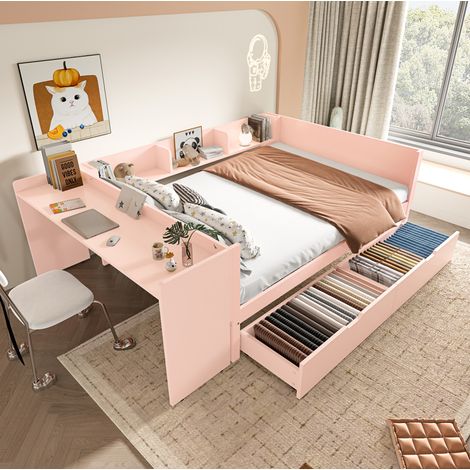 Bett 140x200 cm multifunktional mit Schreibtisch, 2 Schubladen und 3 Regalen, Kiefer & Spanplatte, Rosa (1/5)