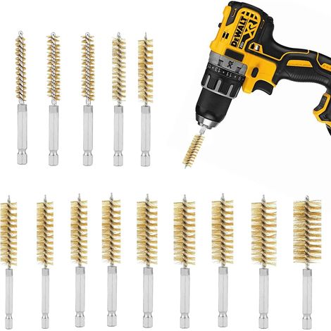 Brass Tube Brush 8-25 mm Set of 14 Cylinder Brush Borehole Brush Brass Drill Hole Pipe Brush Wire Brush Clean Drill Hole Brush with Handle for Hammer Drills Efficient Drill Hole Cleaning (1/5)