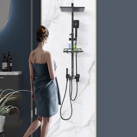Système de douche, douchette chaude et froide avec écran d'affichage, ensemble de douche avec panier suspendu Douche à effet pluie, système de douche avec douchette à main, noir (1/5)