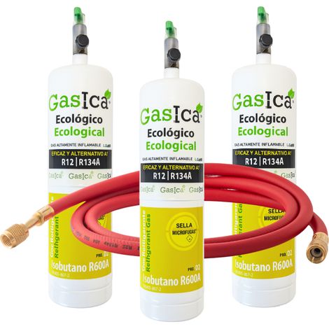 Pack 3 Gasica D2 PRO 400g  Sustituto R134a R12  Incluye Válvula y Manguera  Refrigerante Orgánico Profesional 1,2kg