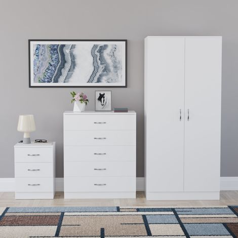 Riano 3 Piece Bedroom Set (3 Drawer Bedside Chest, 5 Drawer Chest, 2 Door Wardrobe) White (1/5)