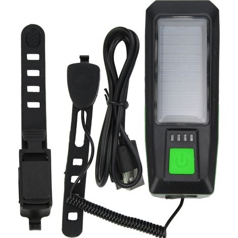 Lampe de vélo solaire USB avec avertisseur, phare et lampe torche - Accessoire vélo noir et vert (1/5)