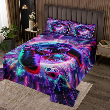 Joueur Couvre-Lit Jeu Dessus de Lit Garçons,Ensemble de Couverture de Console de Jeu de Football 260x240 3D Dégradé Néon Quilting,Décoration de Jeu Décoration de Chambre de Garçon - 260x240cm (1/5)