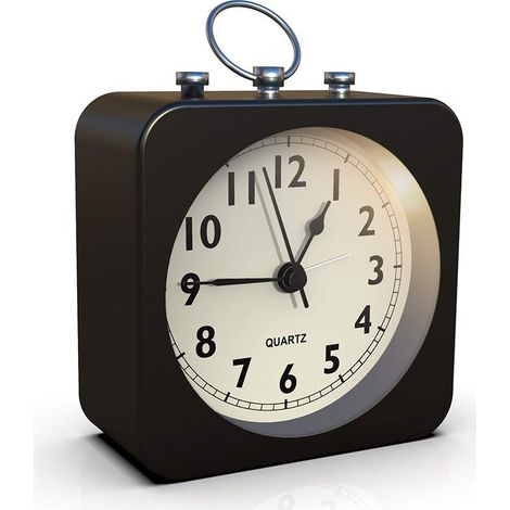 Réveil à piles avec boîtier métallique carré, mouvement à quartz analogique silencieux (sans tic-tac), utilisation simple (pour chambre, voyage, bureau, enfants, noir). (1/5)