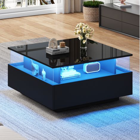LED-Couchtisch 70 x 70 x 41 cm, schwarz mit 2 Schubladen HAVRYA (1/5)