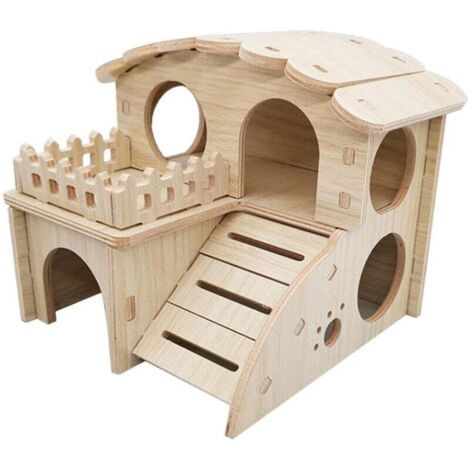 QORVA-Cachette pour animaux de compagnie, maison pour hamster, cabane en bois de luxe à deux niveaux, jouet à mâcher