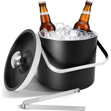 3L Seau à glace isolé à double paroi avec couvercle en silicone en acier inoxydable, pince, passoire, bac à glaçons en acier inoxydable, seau à glace isolé pour les fêtes (1/5)