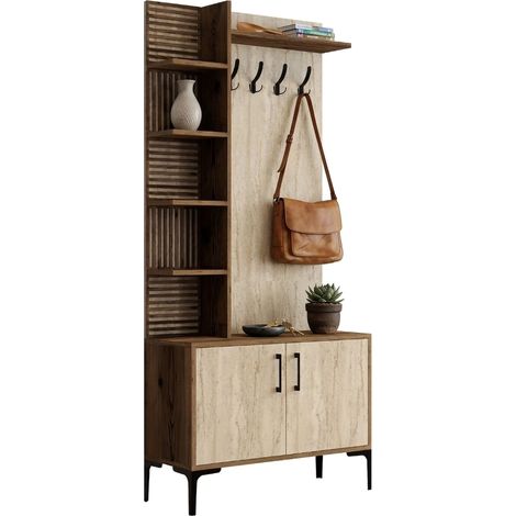 Mobile da Ingresso Loceri, Appendiabiti, 7 Ripiani, Apertura Battente, 90x35x200h cm Beige Marmo