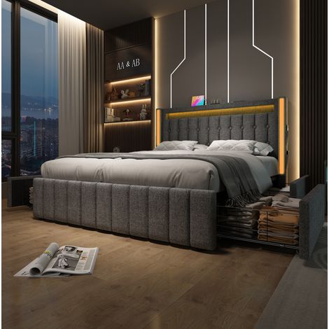 Bett Doppelbett Stauraum 160x200 Leinen Grau OKMYHOME (1/5)