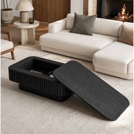 98cm Rectangle Fluted Coffee Table with Hidden Storage, Solid Wood Veneered Modern Cocktail Table, 5-Minute Easy Assembly Accent Tea Table for Living Room, Bedroom, Apartment or Office, Black (1/5)