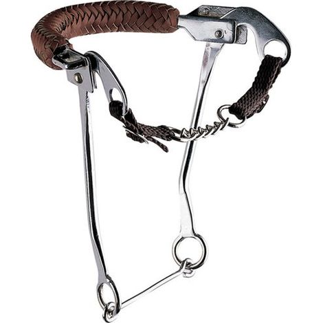 hackamore en acier inoxydable avec longues tiges et muserolle en cuir tressé