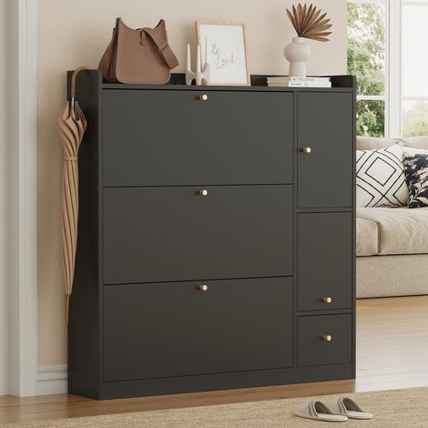 Schuhschrank aus Spanplatte Schwarz mit 3 Klappfächern, 1 Schublade, Zusatzfach und klappbarer Sitzbank 119x24x122 cm