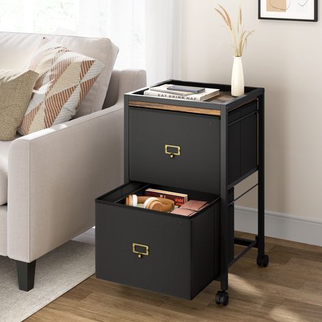 Commode avec 2 Tiroirs en Tissu avec roulettes, Meuble de Rangement à 2 Niveaux, avec Poignées en Métal, Style Industriel, Marron Rustique et Noir,40x40x66CM (1/5)