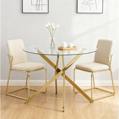 Tavolo da pranzo rotondo Ø 80 x 76 cm, piano in vetro temperato e gambe in metallo dorato OKMYHOME (1/5)