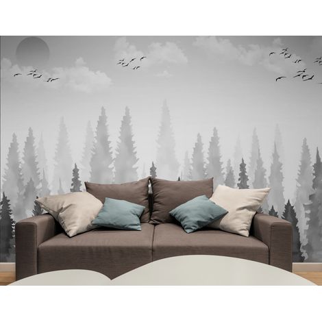 Papier Peint Noir et Blanc - Forêt Brumeuse - 150 x 250 cm (1/2)