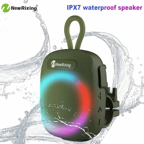 Enceinte sans fil portable étanche IPX7, stéréo 8 W avec basses profondes, lumières RGB, appairage TWS, mousqueton, appels mains libres pour le vélo et les activités de plein air. (1/5)